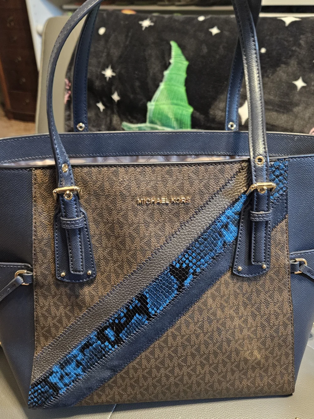 Michael Kors Blue and Brown Signature Tote with Snake-Print Accent And Wallet